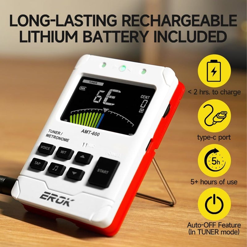 EROK Digital Metronome & Tuner - All-in-One Rechargeable Device with Stereo Headphone Output, Voice Counting, Ideal for Guitar, Bass, Violin & String Instruments (White) - Image 2